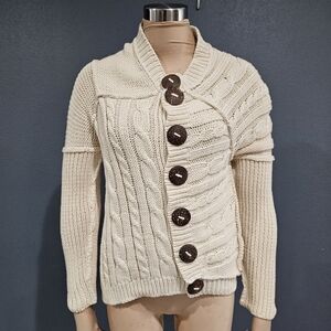 PURE Handknit Ivory Patchwork Asym Cable Knit Large Buttons Boho Cardigan M